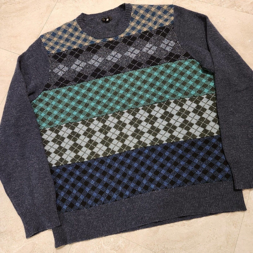 J Crew Mens XL Lambswool Checkered Diamond Pattern Knit Crewneck Sweater‎ Soft